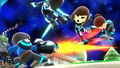 A pair of Mii Swordfighters fighting a pair of Mii Gunners.