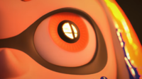 The flaming Smash Bros. logo with the Inkling looking at it.