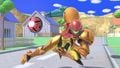 Samus using her dash attack after laying a Bomb on the stage.