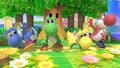 Green, Yellow, Red and Blue Yoshis on the stage in Ultimate.