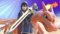 Lucina taunting with Charizard on the stage.