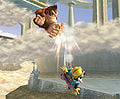 Donkey Kong meteor smashing Wario through the bottom cloud.