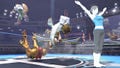 Wii Fit Trainer striking a pose alongside a damaged Fox, Samus and Pit.
