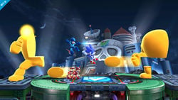 Mega Man and Sonic fighting the Yellow Devil on Dr. Wily's Castle.