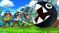 Mii Fighters wearing the Chomp Hat, next to a real Chain Chomp.