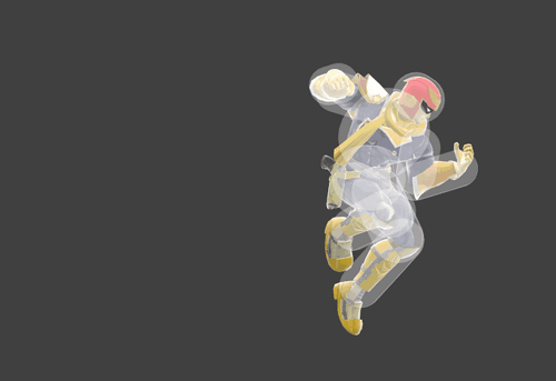 Hitbox visualization for Captain Falcon's reversed aerial Falcon Punch