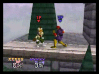Fox performing a shine cancel chain as a shield break combo in Smash 64.