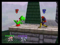 Yoshi using his down aerial to break a shield in Smash 64.