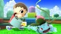 Villager using their watering can on Ivysaur on 3D Land.