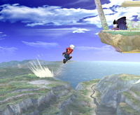 Mario uses his Super Jump Punch move as a recovery in Super Smash Bros. Brawl.
