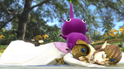 A purple Pikmin on top of a fallen Zelda