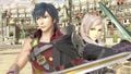 Chrom's red costume and Female Robin on the stage.