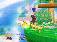 Pikachu ledge-stalling in Smash 64 by abusing the invincibility frames of the edge and Quick Attack's startup