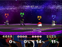 Examples of Alternate costumes; From left to right: Luigi, Captain Falcon, Kirby, Ice Climbers