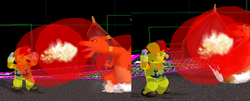 Shows two camera angles of an attack - regular and side view - to demonstrate how the 3D nature of hitboxes can affect whether attacks hit.
