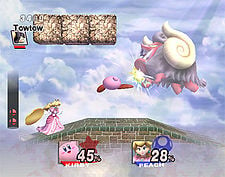 Peach and Kirby fighting a Towtow in the Sea of Clouds.