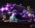 Meta Knight trapping Link and Mario with Galaxia Darkness.