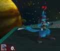 Lucario's up taunt being used to charge aura meter.
