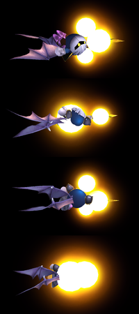 Hitboxes of Meta Knight's Drill Rush move in Brawl. Top-left: hitboxes on the ground, top-right: hitboxes in the air, bottom: the final hitbox if the move is not cancelled.