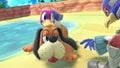 Duck Hunt crouching with Falco on the stage.