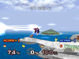 A time match in Super Smash Bros. Melee; here, Ness has just scored a point for KOing Mario, who loses a point in turn.