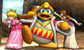 King Dedede performing his down taunt with Peach and Zelda.