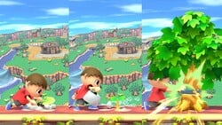 Villager showing the steps in order of chopping down a tree as an attack in SSB4 for Wii U.
