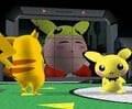 Idling next to Pikachu and Kirby on Pokémon Stadium.