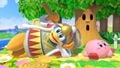 Kirby having tripped and King Dedede crouching on the stage in Ultimate.