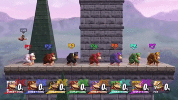 Fox uses his bair on seven Donkey Kongs in a row. This demonstrates stale-move negation.
This gif is taken from this video.