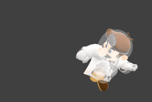 Hitbox visualization for Dr. Mario's back aerial. Dr Mario's coat and his stethoscope don't have physics, unlike in gameplay.