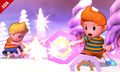 Lucas on Magicant with another Lucas wearing the Claus alternate costume.