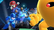Mega Man, Mario, and Lucario attacking the Yellow Devil.