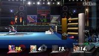 A time match at the Boxing Ring in Super Smash Bros. for Wii U between Greninja, Olimar, Zelda, and Little Mac.