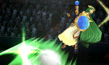 Palutena reeling after a very strong attack.