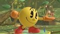 A shrunken Olimar being held by Pac-Man on Distant Planet.