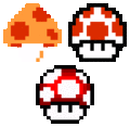 Super Mushroom sprites from (clockwise from top-left) Super Mario Bros., Super Mario Bros. 3, and Super Mario World