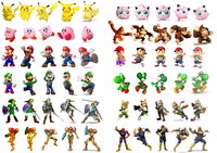 Successive model designs of characters recurring in the first five Super Smash Bros. installments.