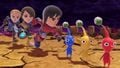 The Mii Fighters following three Pikmin on the stage.