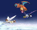 Charizard gliding with Meta Knight and Pit.
