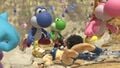 Two characters being crushed by a hoard of Yoshis.