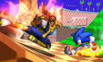 Captain Falcon and Sonic on the Smash 3DS version of Green Hill Zone.