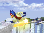Falco riding a Warp Star in Melee.