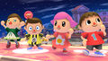 Four of Villager's alternate costumes (including the default) on Town and City.
