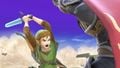 Link about to strike Ganondorf with his forward smash on the stage.