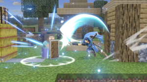 Steve performing a perfect shield against Marth's attack, summoning the Minecraft shield.