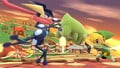 Greninja and Toon Link on the stage in the evening.