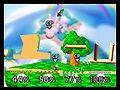 A beta version of Dream Land in the game's coding. The green Luigi is standing, preparing to run, on the invisible barrier.