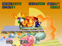 Mario's Fireball hitting Link in Super Smash Bros., showing the flame effect.