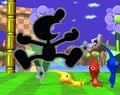Mr. Game & Watch taunting in Green Hill Zone with three Pikmin.